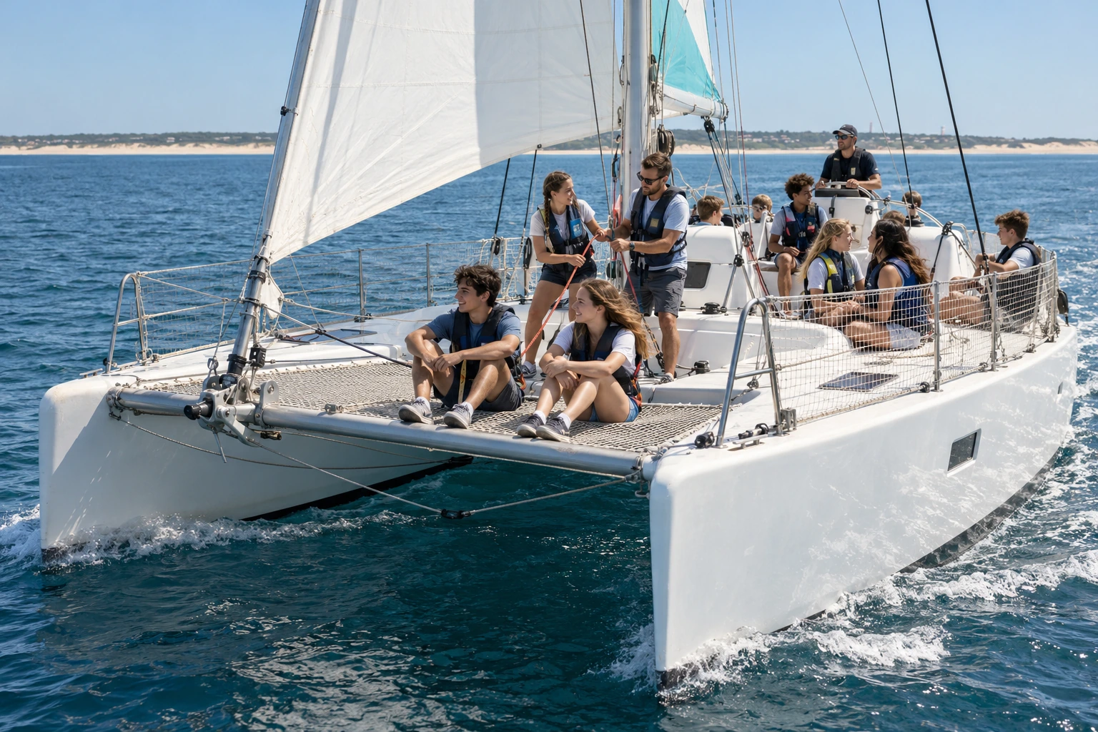 Illustration : des adolescents de 13–17 ans naviguent en catamaran collectif avec leurs encadrants