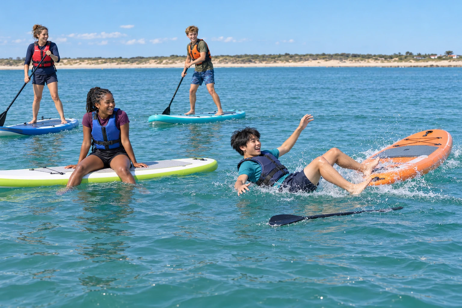 Illustration : un adolescent tombe en arrière de son paddle tandis que ses amis et une animatrice partagent ce moment au fil de l’eau
